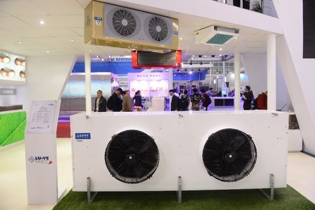 Foreground:  F64HC commercial unit cooler - Above: "golden" F30HC unit cooler - Behind: SHA angular unit cooler