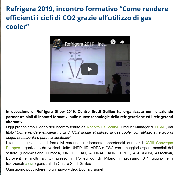 Refrigera 2019, incontro formativo “Come rendere efficienti i cicli di CO2 grazie all’utilizzo di gas cooler”