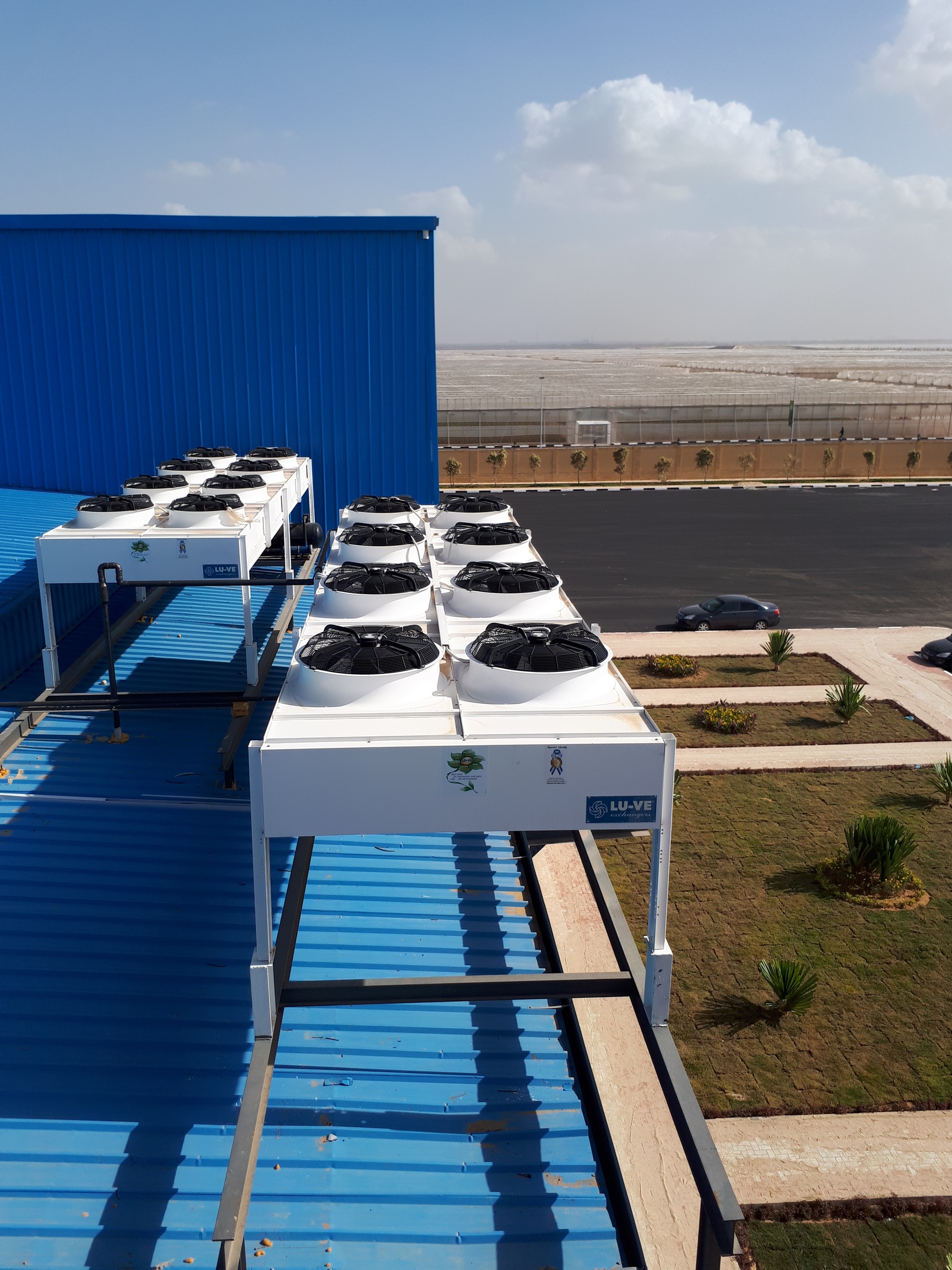 Project name: Cold store and packaging facility for agri product in Cairo<br/>
Refrigeration contractor: MOG for Engineering and Industry, 10th of Ramadan Industrial City, Egypt<br/>
Execution 2018<br/>
Application: facility for collection, precooling, packaging and storage of various fruits and vegetables (lemon, oranges, strawberry, peas, pomegranate etc.). This project is part of a larger plan to develop the agricultural industry of Egypt, by boosting the facilities to serve the export market (Mainly northern Europe and Russia). Currently two additional cold store are under installation and commissioning.<br/>
Cooling system description:<br/>
- Chilled receiving area: LU-VE Dual Discharge 3# CD50H 9452 N 6 - 23,7kW  (16C_85%_EV5) R407c<br/>
- 2 precooling rooms: LU-VE Cubic 4# CS71H 4416 E 10 - 67,3kW (0C_85%_EV-5C) R404a<br/>
- Production and packaging hall: LU-VE Dual Discharge 12# CD50H 9456 N 6 - 69,9kW  (18C_85%_EV5) R407c<br/>
- 6 receiving rooms: LU-VE Cubic 6# CS62H 2218 N 6 - 140,8kW (15C_85%_EV5) R407c<br/>
- 6 cold stores: LU-VE Cubic 12# F50HC 1714 E 6 - 31,2kW (0C_85%_EV-5C) R404a<br/>
- Shipping area: LU-VE Dual Discharge 5# CD50H 9452 N 6 -  23,7kW  (16C_85%_EV5) R404a<br/>
Rack System:<br/>
- 4# Emerson 200HP Rack for MT application R407c – 4# LU-VE Condensers EHV90F 374 H 8VENT (2X4)<br/>
- 2# Emerson 180HP Rack for LT application R404a – 2# LU-VE Condensers EAV8S 7231 H 6VENT (2X3)<br/>
- 1# Emerson 200HP Rack for LT application R404a – 1# LU-VE Condensers EHV90F 368 H 6VENT (2X3)